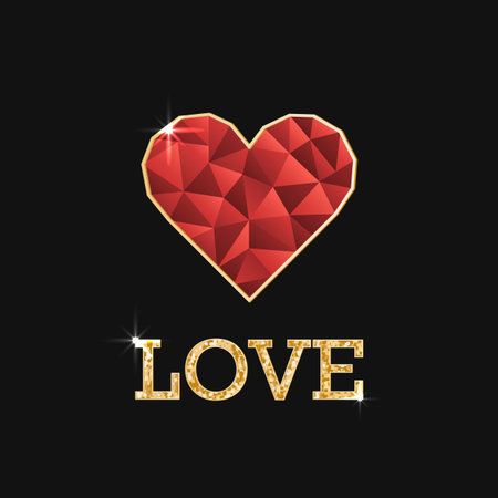 Illustration with polygonal red heart and golden inscription love. Valentines day or wadding dayのイラスト素材