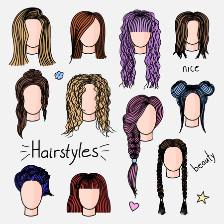 Set of hand drawn womens hairstyles. Colored doodle illustration.のイラスト素材