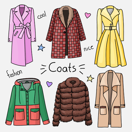 Set of hand drawn women clothes. Coats. Fashion collection. Colored doodle illustration.の写真素材