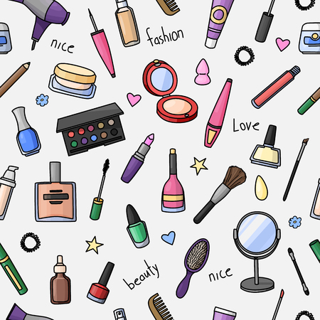 Seamless pattern with hand drawn women accessories. Cosmetics. Colored doodle illustration.の写真素材