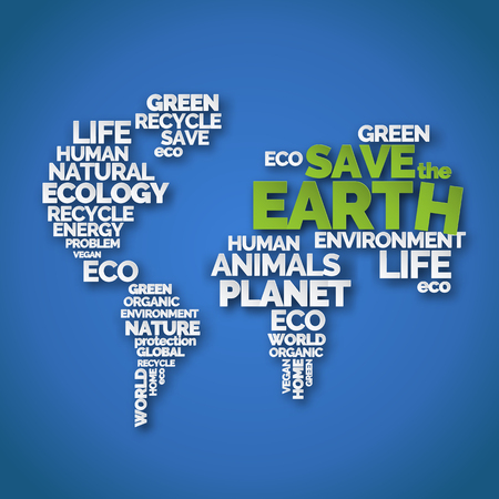Save the Earth. Paper art typography poster with words in shape of world map. Ecology and environment. White and green letters on blue background. Earth dayの写真素材