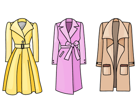 Set of hand drawn women clothes. Spring and autumn coats. Fashion collection. Colored doodle illustration.の写真素材