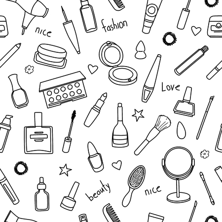 Seamless pattern with hand drawn women accessories. Cosmetics. Black and white doodle illustration.の写真素材