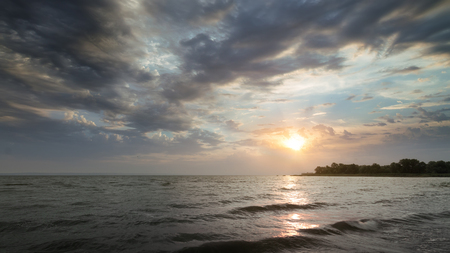 early autumn shore / bright morning landscape sunrise Ukraineの写真素材
