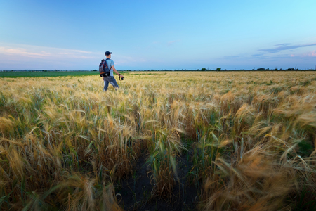 photographer while working search for a story / evening landscape man on the fieldの写真素材