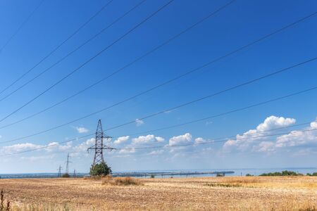 power line bright summer day / ripe wheat bright summer landscape agricultureの写真素材