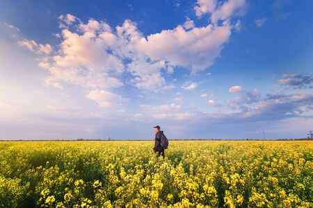 man looks at the sky / bright spring landscapeの写真素材