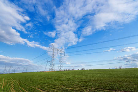 power line summer landscape / passing overhead electricity wire of the support carrying the light and the heat in the houseの写真素材