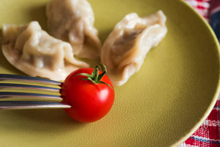 Chinese jiaozi with tomato on green and red plates. Red and white table-clothの写真素材