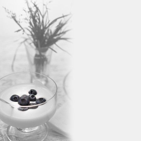 Yogurt with blueberry, bouquet of grass on background. Converted in black and white with selective color on berries, low saturationの写真素材