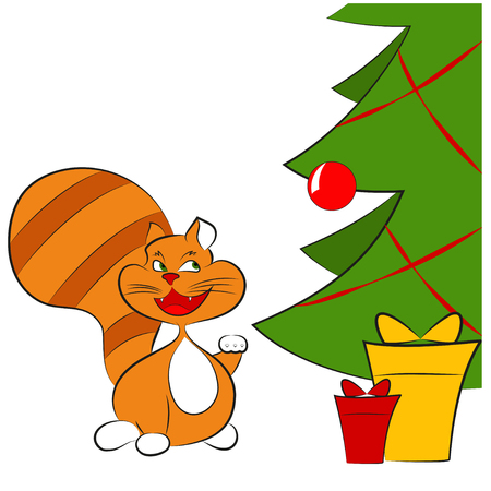 Ginger cat trying to get decorative ball from christmas treeのイラスト素材