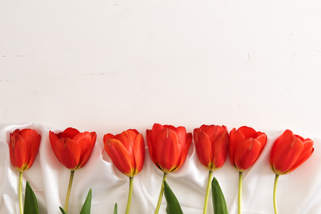Colorful tulips on white wooden table with copy spaceの写真素材