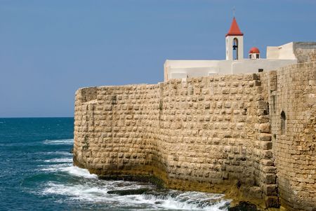 The historic sea walls of ancient Acre, Akko, Israel, facing out onto the Mediterranean.の写真素材