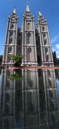 The Mormon Temple in Salt Lake City, Utah, and its reflection.          の写真素材
