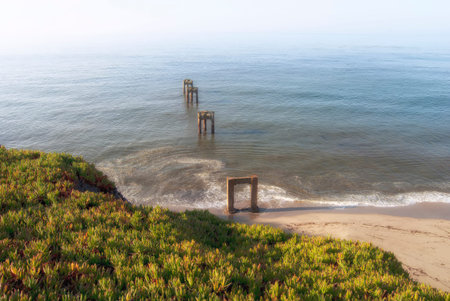 A ruined pier heading out into the Pacific, near Davenport, California.の写真素材