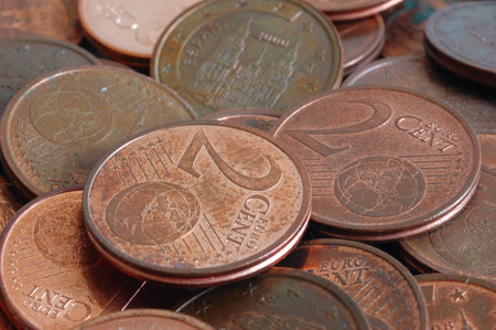 copper coins on the tableの写真素材