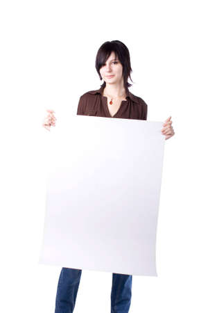 The young beautiful businesswoman at office behind work on a white backgroundの写真素材