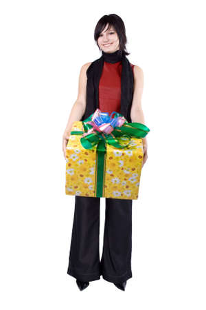 The young beautiful girl with a gift box on a white backgroundの写真素材