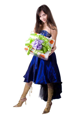 The young beautiful girl with a gift box on a white backgroundの写真素材