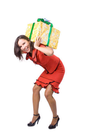 The young beautiful girl with a gift box on a white backgroundの写真素材