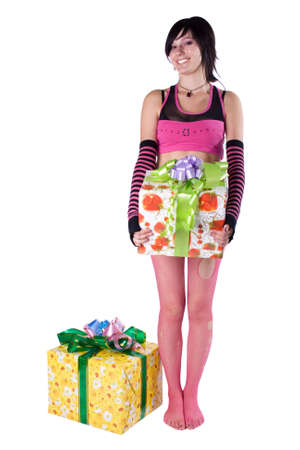 The young beautiful girl with a gift box on a white backgroundの写真素材