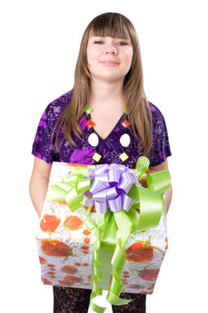 The young beautiful girl with a gift box on a white backgroundの写真素材