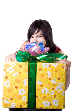 The young beautiful girl with a gift box on a white backgroundの写真素材
