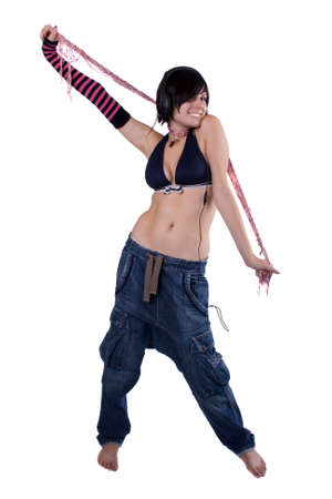 The young beautiful girl during active leisure on a white backgroundの写真素材