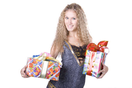 The young beautiful girl with a gift box on a white backgroundの写真素材