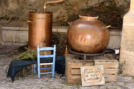 Essential oil distillery old, mounted on a market street