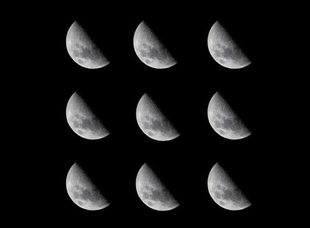 Moon phases on a black background. Close-up of the moon.
