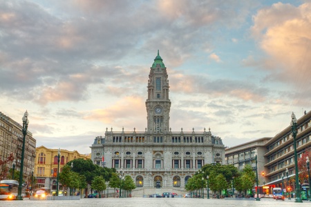 majestic, old city hall of Porto on Avenida dos Aliados at sunset, Portugalの写真素材