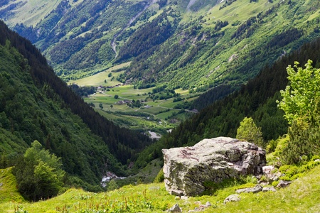 Swiss alpine mountains with woods, meadow, steep walls and valley near Susten pass in summer, Switzerlandの写真素材