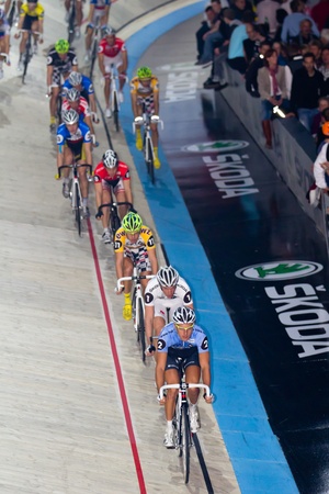 ZURICH-DEC. 03:  Cyclists compete at Sixday-Nights Zürich 2011 at Zurich Hallenstadion with De Ketele in the lead position December 03, 2011 in Zurich SUI. のeditorial素材
