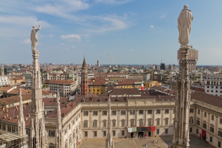 Aerial view from cathedral of Milan and it's intricate decorations over Milan, Italyのeditorial素材