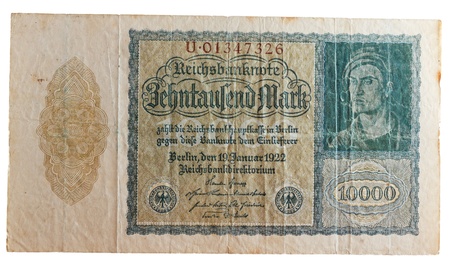 historic German ten thousand Deutsch Mark bill, concept for inflation and money devaluation, deflation and depreciationの写真素材