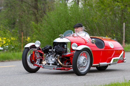 MUTSCHELLEN, SWITZERLAND-APRIL 29: Vintage tricycle race car Morgan Super Sport from 1933 at Grand...