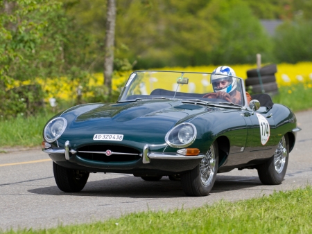 MUTSCHELLEN, SWITZERLAND-APRIL 29: Vintage race touring car Jaguar E-Type from 1963 at Grand Prix in Mutschellen, SUI on April 29, 2012.  Invited were vintage sports cars and motorbikes.のeditorial素材