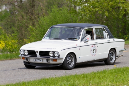MUTSCHELLEN, SWITZERLAND-APRIL 29: Vintage race touring car Triumph Dolomite Sprint from 1973 at Grand Prix in Mutschellen, SUI on April 29, 2012.  Invited were vintage sports cars and motorbikes.のeditorial素材