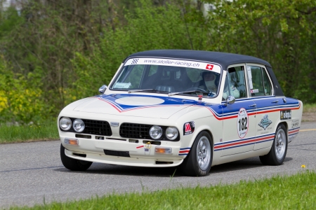 MUTSCHELLEN, SWITZERLAND-APRIL 29: Vintage race touring car Triumph Dolomite Sprint from 1979 at Grand Prix in Mutschellen, SUI on April 29, 2012.  Invited were vintage sports cars and motorbikes.のeditorial素材