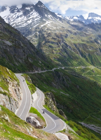 road with tight bends at Susten pass in high alpine Mountains, Switzerlandの写真素材