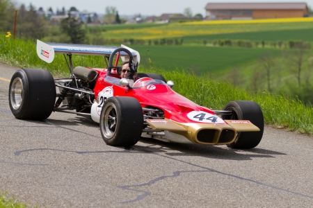 MUTSCHELLEN, SWITZERLAND-APRIL 29: Vintage race car Lotus 59 Formel 2 from 1969 at Grand Prix in Mutschellen, SUI on April 29, 2012.  Invited were vintage sports cars and motorbikes.のeditorial素材