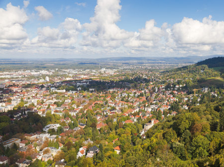 Panorma aerial view over town Freiburg im Breisgau in green valley, Germanyの写真素材
