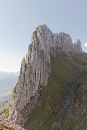 strange layered rock karst ridge near mountain Säntis, Switzerlandの写真素材