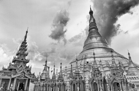 Golden Shwedagon temple the main buddhist stupa in Burma at sunset Yangon, black and whiteの写真素材