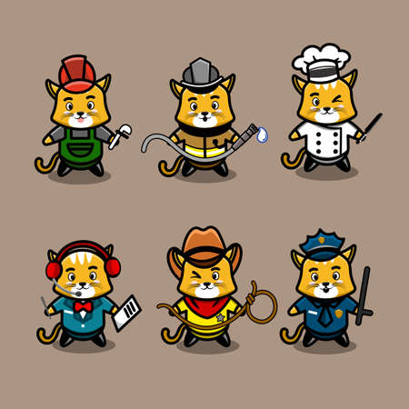 cute cat mascot with multiple professions work set vector illustrationのイラスト素材