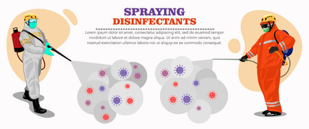 Illustration. Man in hazmat suit cleaning and disinfecting coronavirus cells epidemic virus...