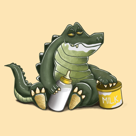 Hand drawn illustration. The Green Crocodile drinks a bottle of milkのイラスト素材