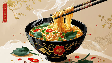 Illustration of chinese noodles in a bowl with chopsticks.の素材