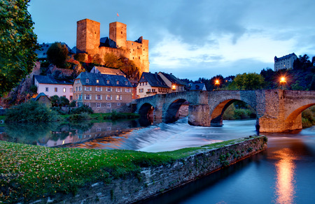 Runkel, Hesse, Germany  typical medieval castle and bridge by night  のeditorial素材